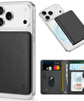 MagSafe Wallet For Men Women With 6 Card Slots And RFID Blocking Clear ID Window PU Leather Folio Magnetic Phone Wallet For iPhone 12 Through 17 Series Black For Daily Use with open view showcasing card slots and attached to iPhone.