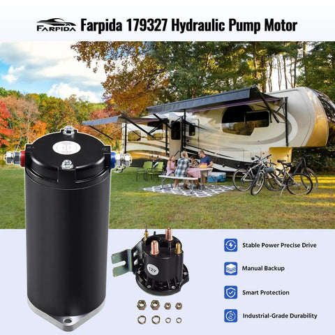 Heavy Duty Tough As Nails Hydraulic Pump Motor For Unidirectional RV Leveling Power Units With 12V DC Operation Includes 150A Solenoid Relay Four Terminal Switch Compatible With 179327 045179327 414850