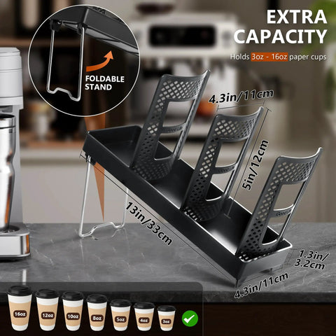 Three Slot Upright Paper Cup And Lid Dispenser for Coffee Stations Keeps 3 Oz To 16 Oz Cups In Check Black with Foldable Stand