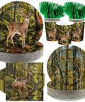 Deer Hunting Party Tableware Set For Men And Women, 250 Pieces Camouflage Forest Theme Serves 50 Guests, with deer design