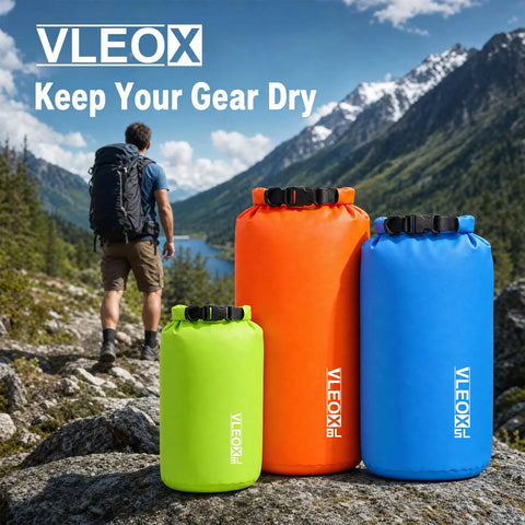 Ultralight Dry Bag Set With Roll Top Closure Waterproof Sacks in green, orange, blue for hiking and camping gear protection
