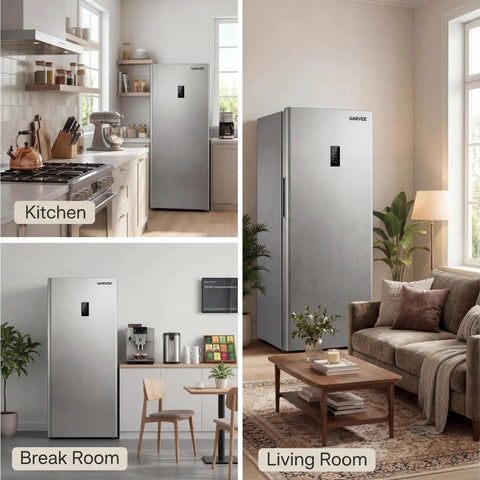 Super Roomy Fourteen Cubic Foot Frost Free Upright Freezer With Digital Controls And Heavy Duty Wire Shelves Perfect For Tackling Tight Garage Spaces And Massive Bulk Grocery Stash in various home settings.