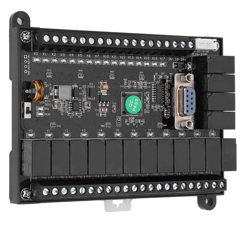 Front view of Compact PLC Control Board Programmable Controller Relay Delay Module for industrial automation, 10-28V DC power.