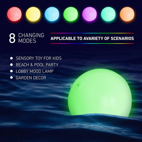 16 Inch Light Up Glow Beach Ball With 8 LED Modes For Night Pool Fun in water, showing color variations.