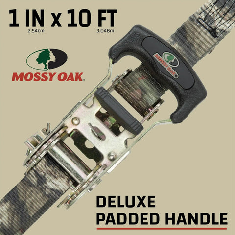 Mossy Oak Camo Ratchet Tie Down Straps One Inch Wide By Ten Feet Long Four Pack with deluxe padded handle.