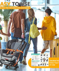 Orzbow car seat dolly front view: black frame with orange accents, 4-wheeled folding travel cart for airport use.