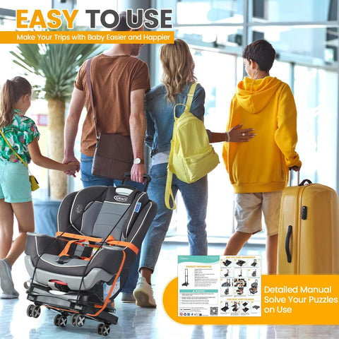 Orzbow car seat dolly front view: black frame with orange accents, 4-wheeled folding travel cart for airport use.