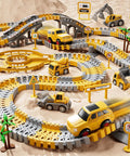 Construction Race Track Toy Set For Toddlers And Boys 2 To 6 with 200 flexible tracks, 2 cars, trucks, signs, bridge, and trees