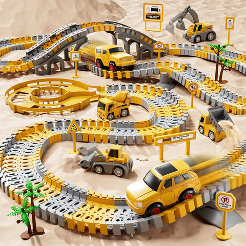 Construction Race Track Toy Set For Toddlers And Boys 2 To 6 with 200 flexible tracks, 2 cars, trucks, signs, bridge, and trees