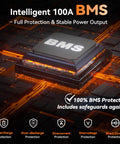 LiFePO4 12V 100Ah Battery With 100A BMS For RVs, Boats, Solar, Off Grid Power showing intelligent BMS module with safety features