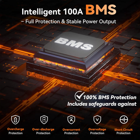 LiFePO4 12V 100Ah Battery With 100A BMS For RVs, Boats, Solar, Off Grid Power showing intelligent BMS module with safety features