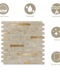 Peel And Stick Marble Backsplash Tile 10 Sheets In Marble Stone Beige With Vintage Golden Stripes Self Adhesive Wall Tile features.