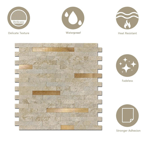 Peel And Stick Marble Backsplash Tile 10 Sheets In Marble Stone Beige With Vintage Golden Stripes Self Adhesive Wall Tile features.