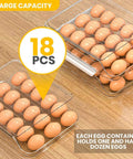 Rolling Egg Tray With Lid For Fridge, Stackable Clear Egg Organizer and Dispenser, showing 18 egg capacity on wooden table.