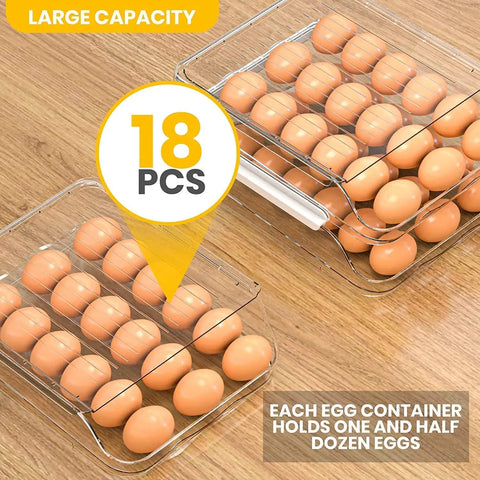 Rolling Egg Tray With Lid For Fridge, Stackable Clear Egg Organizer and Dispenser, showing 18 egg capacity on wooden table.