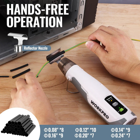 Cordless Mini Hot Air Gun For DIY Crafts USB C Rechargeable 4000mAh Battery 1.5 Second Fast Heating Three Temperature Settings Cool 572 F 842 F Go To Resin Art Vinyl Projects And Heat Shrink in use on a green cable with reflector nozzle