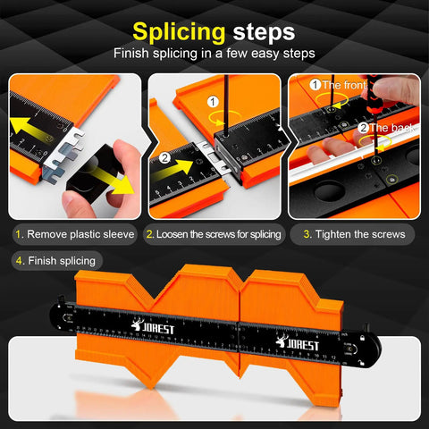 Instructions showing how to splice the Connectable Contour Gauge Trio 5 Inch 10 Inch 15 Inch With Lock For Precise Shape Replication and Angle Measuring.