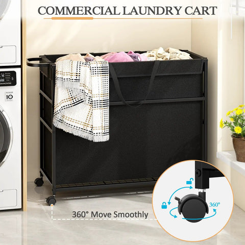 No Fuss Roll Around Trash Cart, 51.5 Gallon Commercial Waste Bin with Twin Lockable Wheels in a laundry room setting.