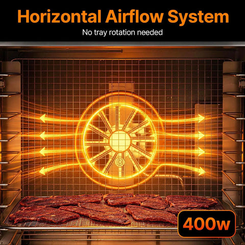 Top Shelf Massive Eight Tray Food Dehydrator Machine With Removable Stainless Steel Trays showing horizontal airflow system for even drying.