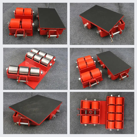 No Sweat Heavy Duty Machinery Mover With 5000 Pound Capacity And Rugged Steel Frame Plus Smooth Swivel Casters For Hassle Free Factory Equipment Hauling On Any Site, showcasing red rollers and steel platform.