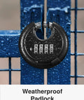 4 Digit Keyless Combination Lock Tough As Nails Padlock With Hardened Steel Shackle For Outdoor Sheds Fences Gates Storage Units And Gym Lockers Black Weatherproof Design For Harsh Outdoor Use And Easy To Reset Code on blue gate