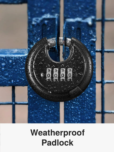 4 Digit Keyless Combination Lock Tough As Nails Padlock With Hardened Steel Shackle For Outdoor Sheds Fences Gates Storage Units And Gym Lockers Black Weatherproof Design For Harsh Outdoor Use And Easy To Reset Code on blue gate