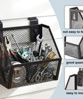 Six Piece Slatwall Bin Set With Metal Hooks, Mesh Slatwall Mounted Storage Organizer holding tools, installed on wall