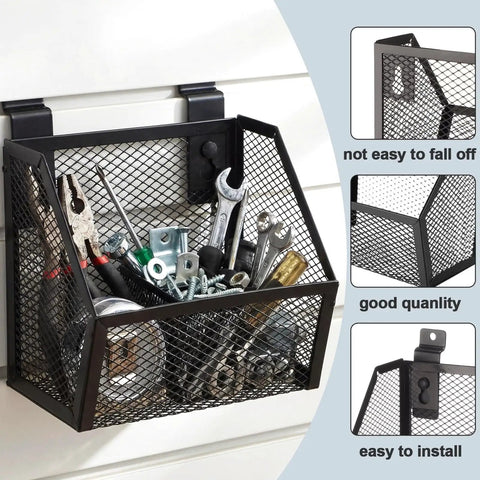 Six Piece Slatwall Bin Set With Metal Hooks, Mesh Slatwall Mounted Storage Organizer holding tools, installed on wall