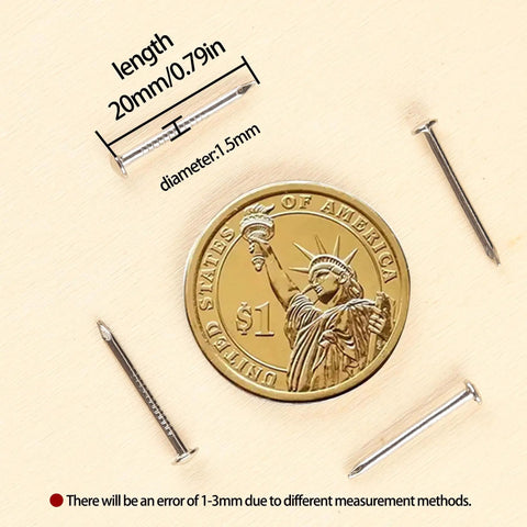 Top Shelf Iron Mini Nails With Smooth Round Heads, 1.5Mm X 20Mm Hardware Fasteners, 500 Piece Bulk Bundle For String Art And Kickass Diy Projects That Grip Steady As Rock next to a coin for size reference.