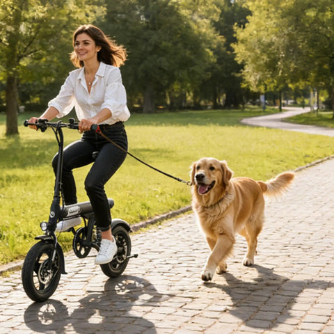 Electric Bike For Adults And Teens With A 500W Peak Motor, Lightweight Foldable Ebike, 20 MPH Top Speed, 25 Mile Range With Pedal Assist, Embedded Battery, Easy Fold Design, Ready For Commuting And Weekend Rides woman riding compact foldable ebike with dog on park path