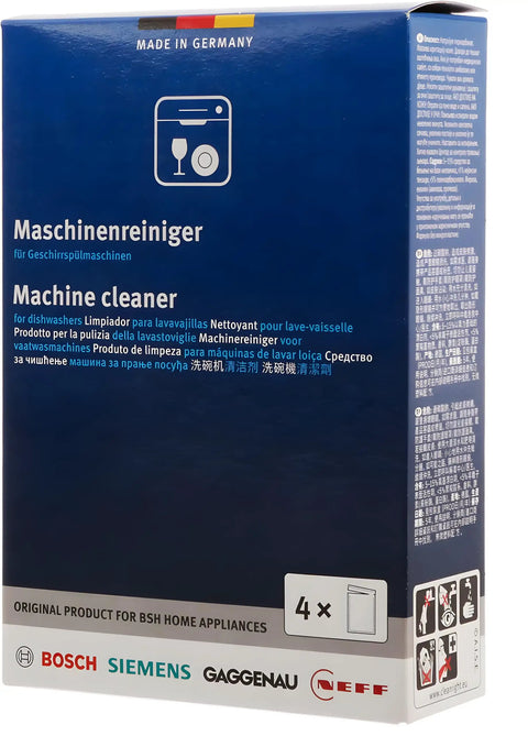 Product packaging of a machine cleaner box for dishwashers from Bosch, Siemens, Gaggenau, and Neff, Made in Germany, 4x sachets.