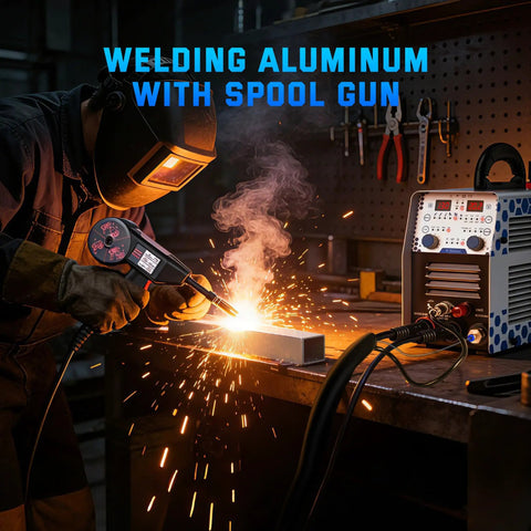 Person using Beast 130 Amp Plasma Cutter And Welder Combo With Dual Voltage 120V 240V For Your Garage to weld aluminum.