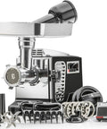 Close-up of STX Turboforce II Electric Meat Grinder With Foot Pedal And Six Plates, stainless steel blades, kubbe maker and meat claws.