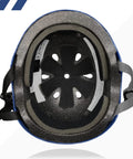 Interior view of Triple Certified Multisport Helmet For Bike, Scooter, Skateboard, Roller And Inline Skates, visible EPS liner, blue shell.