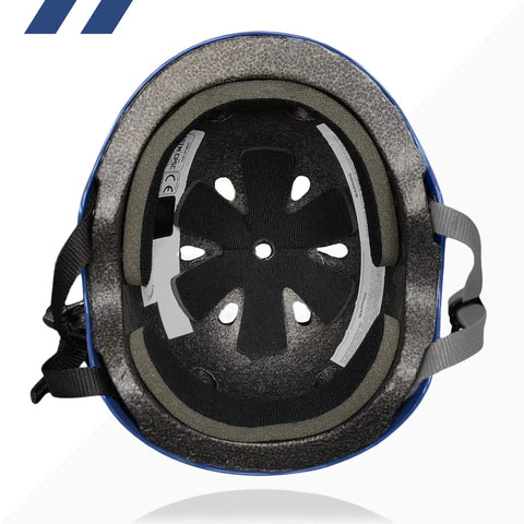 Interior view of Triple Certified Multisport Helmet For Bike, Scooter, Skateboard, Roller And Inline Skates, visible EPS liner, blue shell.
