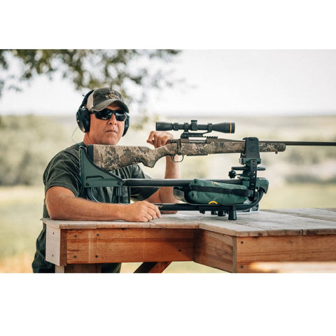 Person using Lead Sled DFT 2 Rifle Shooting Rest With Adjustable Ambidextrous Frame For Recoil Reduction Precise Sight In Range Stability