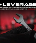 Raised Panel 16-Piece Combination Wrench Set SAE Standard 1/4 In To 1-1/4 In shown in use with 15-degree offset open end.