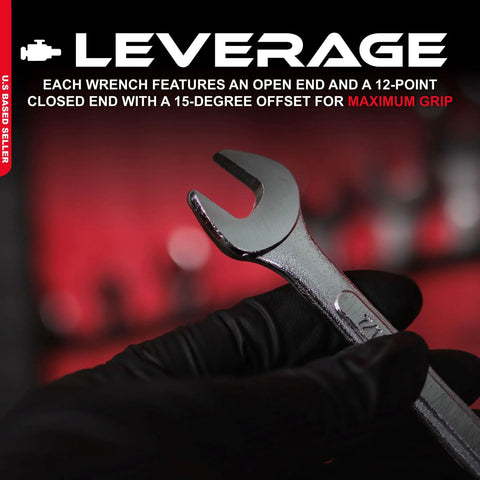 Raised Panel 16-Piece Combination Wrench Set SAE Standard 1/4 In To 1-1/4 In shown in use with 15-degree offset open end.