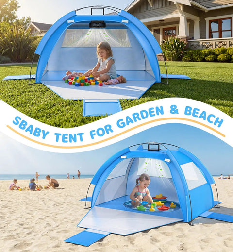 All In One Beach Tent With Solar Cooling Fan For Babies And Toddlers Anti UV Sun Shelter Portable Travel Beach Shade Tent with child playing