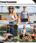 Go-To 2-In-1 Foldable Backpack Stool in outdoor scenes for travel, fishing, and hiking, shown as seat and crossbody bag