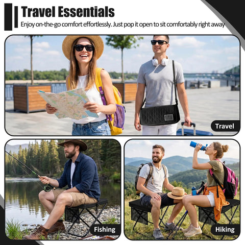 Go-To 2-In-1 Foldable Backpack Stool in outdoor scenes for travel, fishing, and hiking, shown as seat and crossbody bag