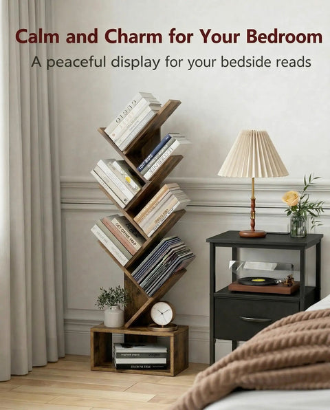 6 Tier Tree Bookshelf For Small Spaces, Corner Display Rack near nightstand in bedroom, Rustic Brown Hardwood Standing Shelves