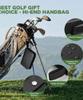 Golf bag with Pro Grade Golf Accessories Set With High End PU Case, smooth zipper, PU material, button, wristlet details.