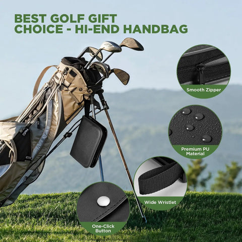 Golf bag with Pro Grade Golf Accessories Set With High End PU Case, smooth zipper, PU material, button, wristlet details.