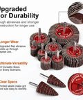 35 Piece Flap Sanding Kit, Pro Grade, with one quarter inch shank, showing flap and cone wheels for drill and die grinder
