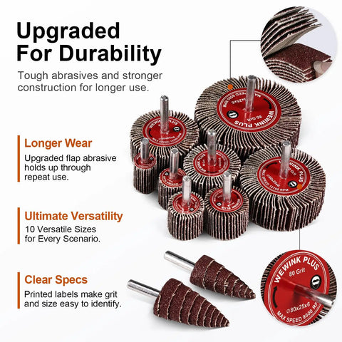 35 Piece Flap Sanding Kit, Pro Grade, with one quarter inch shank, showing flap and cone wheels for drill and die grinder