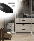 Antique Black Cabinet Cup Pull Handles 3.5 Inch Hole Centers installed on white dresser in closet, zinc alloy, 6 pack with screws
