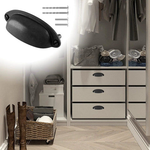 Antique Black Cabinet Cup Pull Handles 3.5 Inch Hole Centers installed on white dresser in closet, zinc alloy, 6 pack with screws