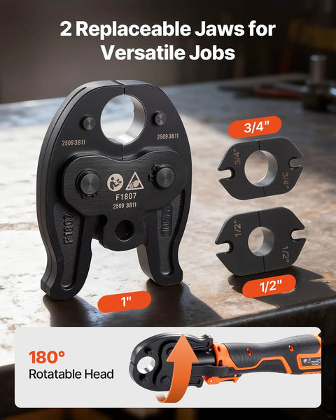 VEVOR 18V Cordless Electric PEX Pipe Press Crimping Tool with 1 inch, 3/4 inch and 1/2 inch replaceable jaws for plumbing.