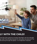 Father and son flying Baby Yoda RC Helicopter Toy For Kids 8 And Up Easy Fly Remote Control Copter indoors, smiling on couch.